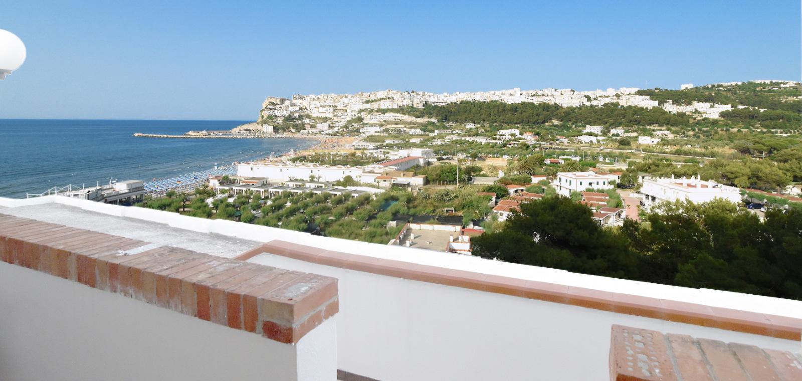 Vista panoramica su una costa con mare, spiaggia e colline verdi.