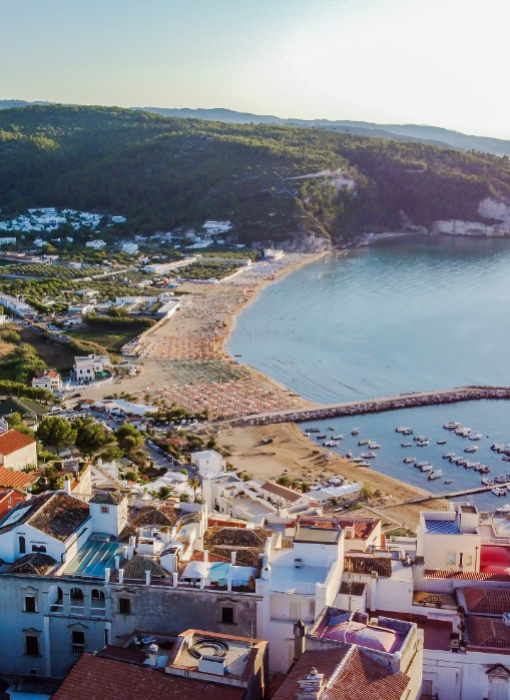 Spiaggia affollata e pittoresco borgo costiero con barche nel porto e colline verdi.