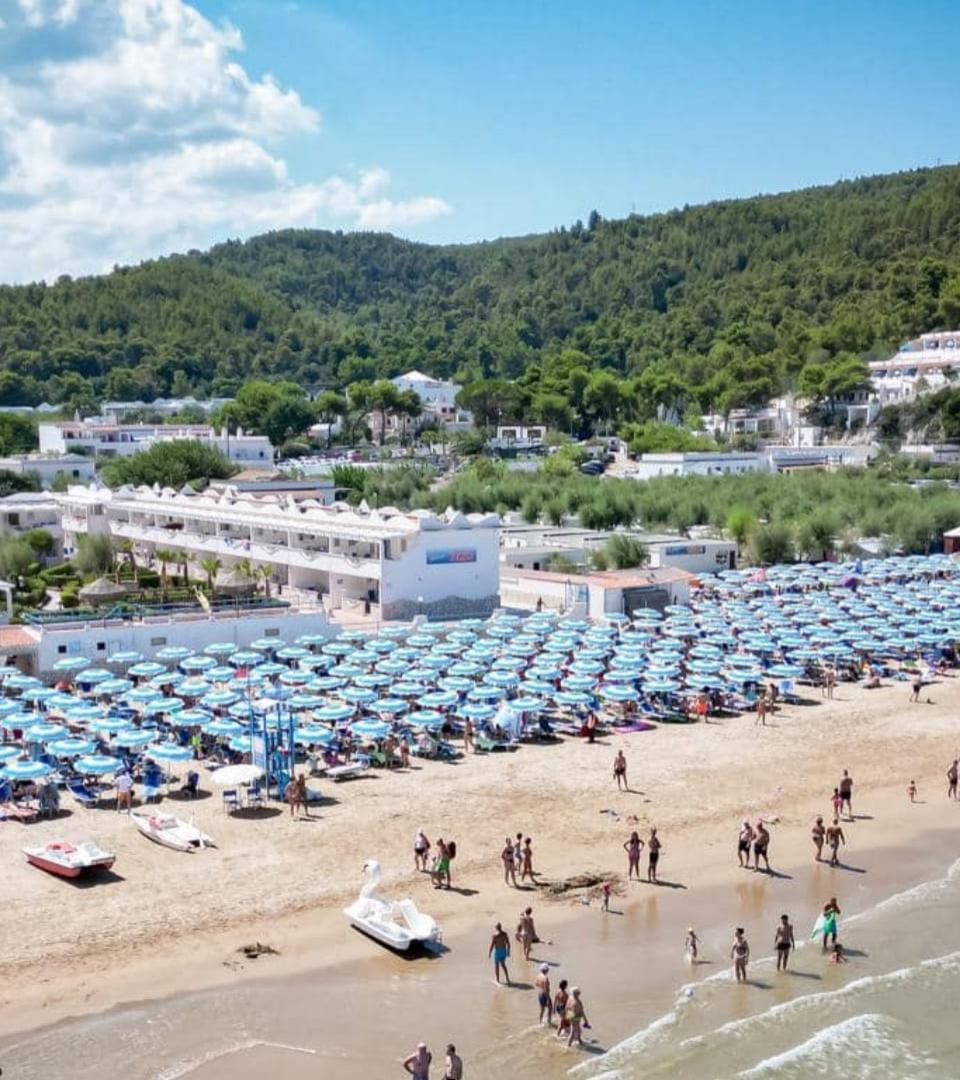 Spiaggia affollata con ombrelloni blu, mare calmo e colline verdi sullo sfondo.