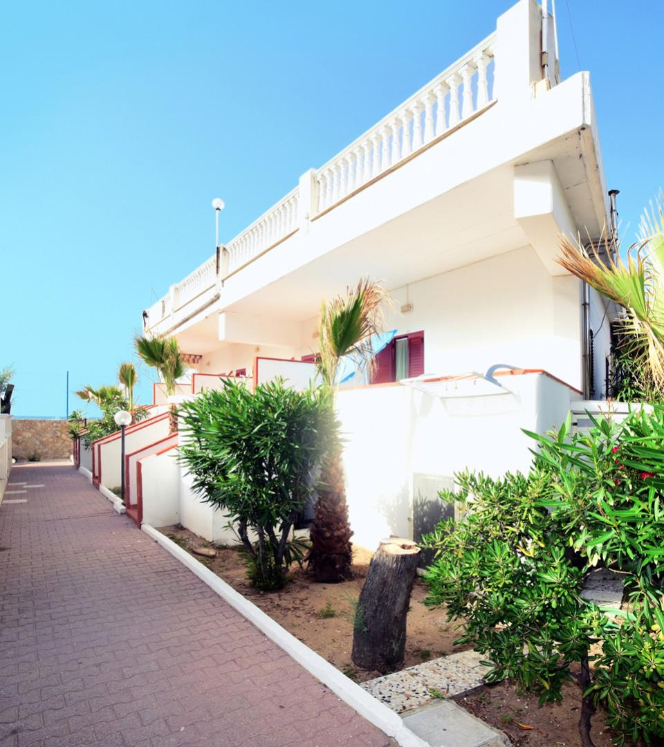 Casa bianca moderna con giardino, palme e vialetto lastricato.